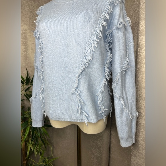 NEW 1. State Fringe Trim Detail Pullover Sweater Long Sleeve Cashmere Blue XS - Picture 8 of 12